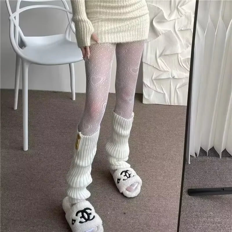 Ladies' Knitted Long Socks and Arm Warmers - White Crochet Leg Warmers for Autumn and Winter